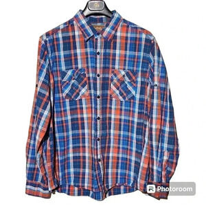 Red Camel Button Up Shirt Mens XL Long Sleeve Blue Plaid Cotton Casual Western